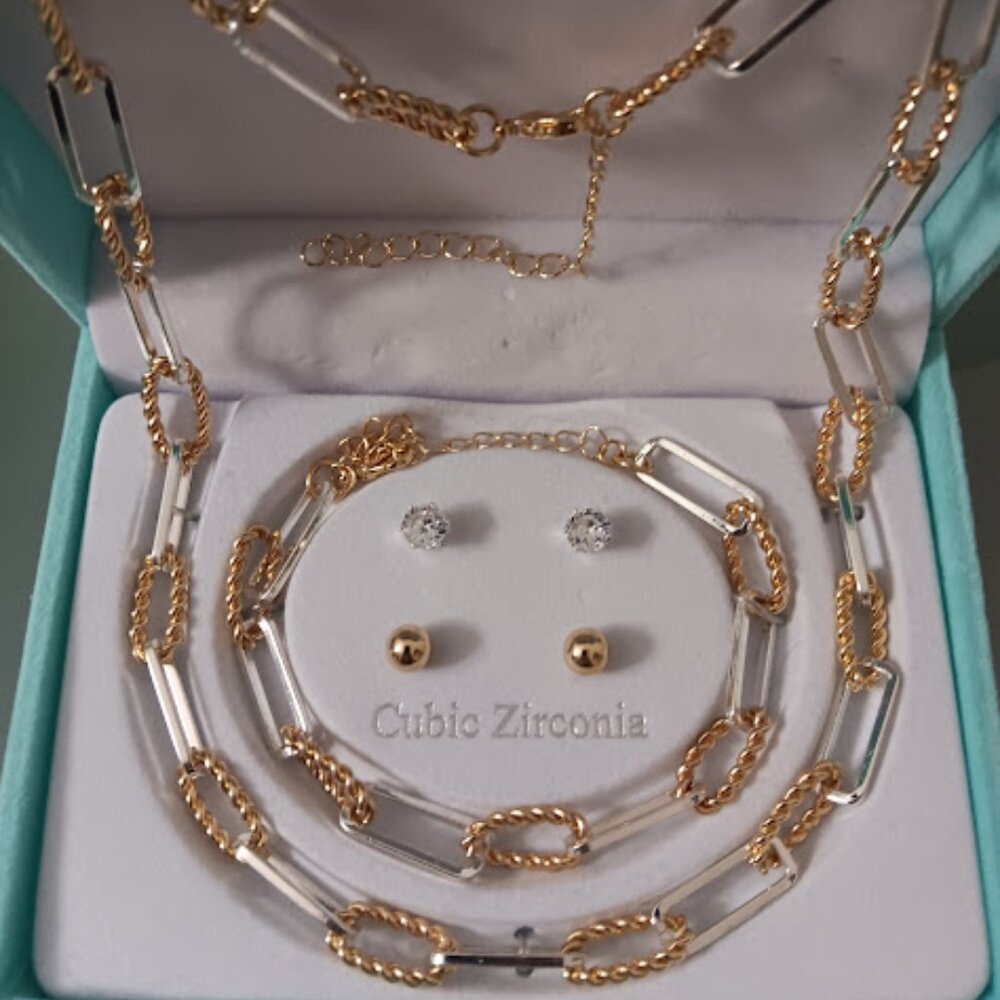 DANECRAFT 4pc Two-Tone Silver Plated Bracelet/Ball & CZ Earrings/Chain Necklace